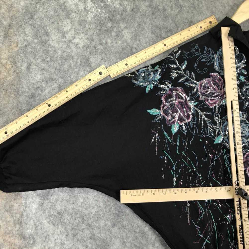 Vintage 80s 90s Sweater Size L Womens Glitter Floral Dolman 3/4 Sleeve Black - Picture 8 of 12